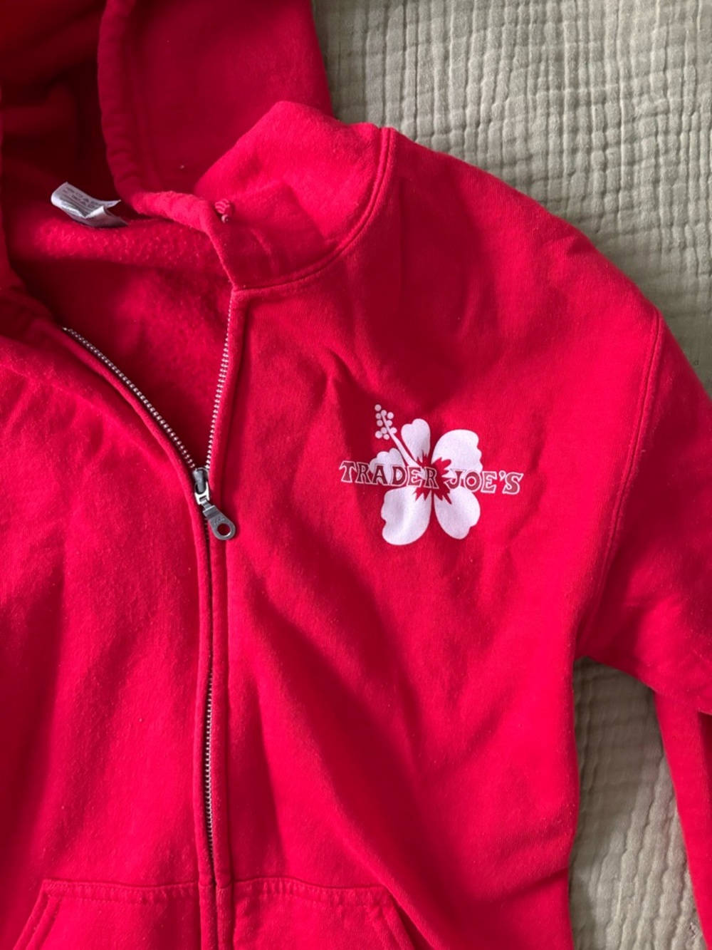 Trader Joe's Women's Red Zip-Up Hoodie with White Hibiscus Logo